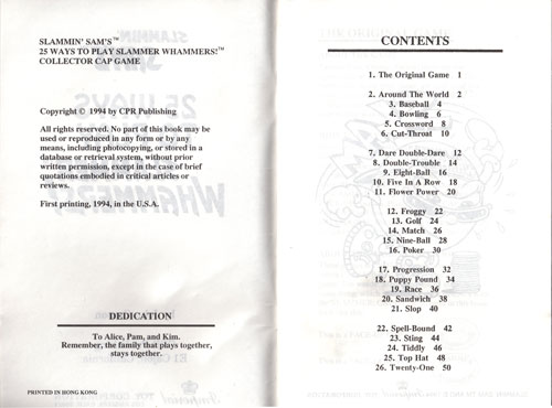 Slammer Whammers book contents page